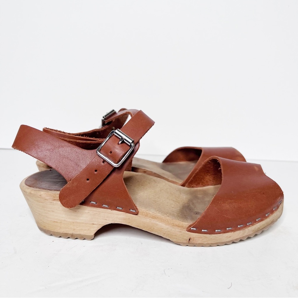 MIA Swedish Wooden Clogs Leather Tan Size 38 Women’s Sandals - Picture 2 of 7